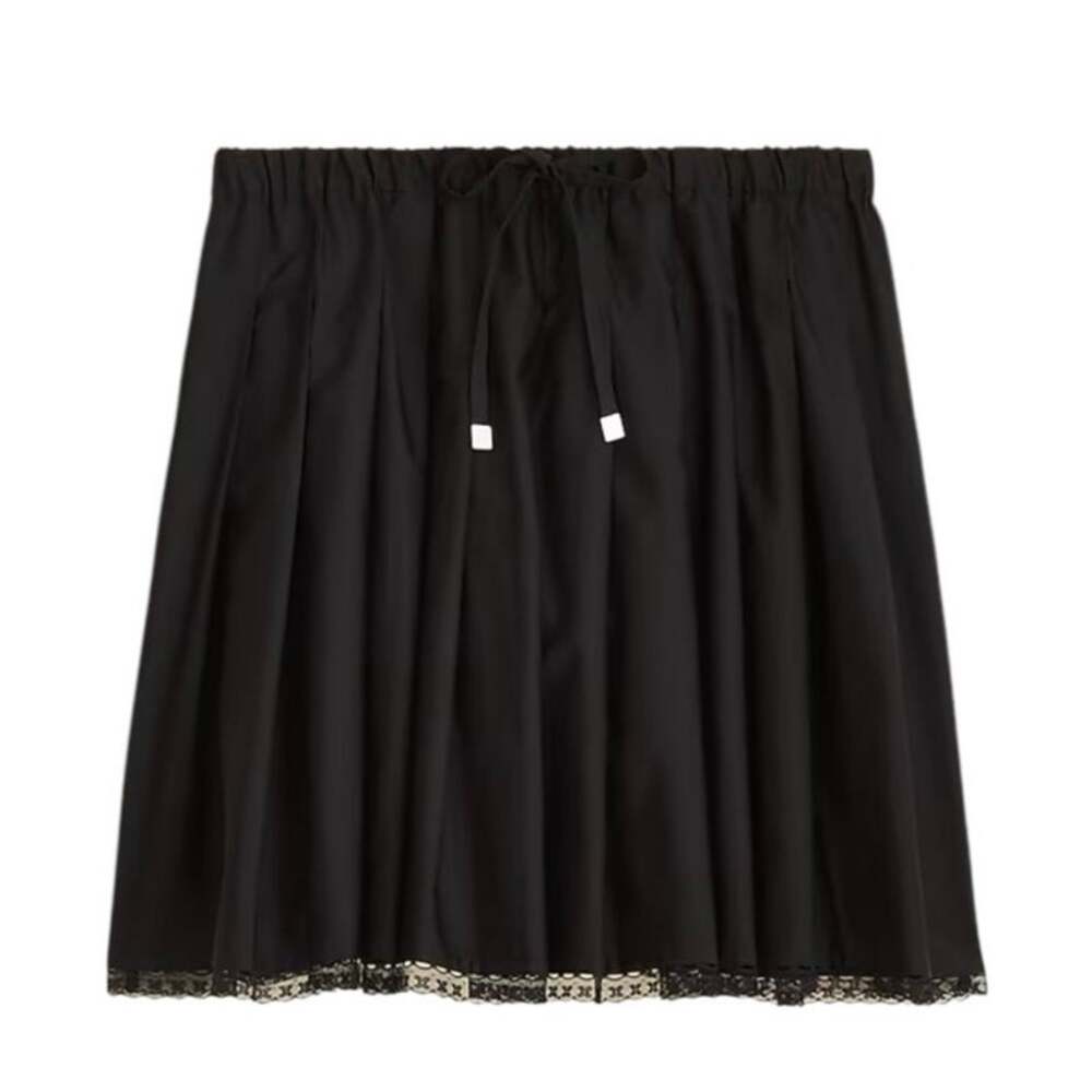 J CREW Pleated Tie Waist Mini Skirt Lace Trim Black Cotton Sz S NWT Preppy